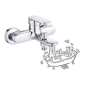 Chromowana bateria wannowa t.b.t. z wypływem wody i stylizowaną wanną.