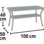 Wymiary szarego stolika ogrodowego z rattanu: 100x50x60 cm.