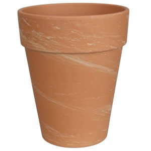 Doniczka t.b.t. z terakoty z białym marmurkowym wzorem.