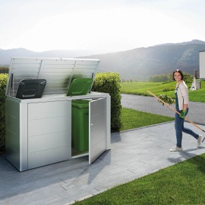 Biohort HighBoard 160 skrzynia ogrodowa w kolorze srebrno-metalicznym z otwartą pokrywą i drzwiami, widoczny kosz na śmieci.