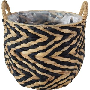 Dekoracyjna, pleciona osłonka na zioła w kolorze czarnym i naturalnym z uchwytami.