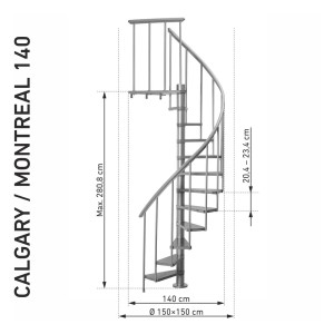 Schody spiralne Dolle Calgary Ø 140 cm, buk/antracyt, widok z boku z wymiarami.