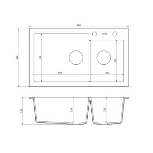 Rysunek techniczny zlewozmywaka granitowego t.b.t. z dwoma komorami i wymiarami.