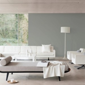 Nowoczesny salon z szarą farbą na ścianie. Jasne meble i światło dzienne tworzą przyjazną atmosferę.