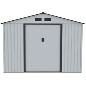 Szary metalowy domek narzędziowy z podwójnymi drzwiami i kratkami wentylacyjnymi.