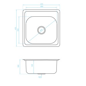 Rysunek techniczny zlewozmywaka ze stali nierdzewnej t.b.t. z wymiarami.
