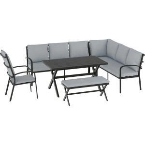 Szary zestaw mebli ogrodowych ze stołem, ławką, krzesłem i narożną sofą do ogrodu.