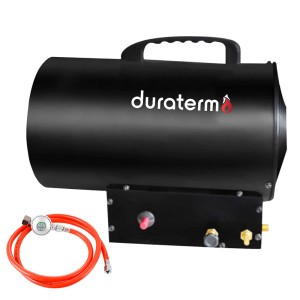 Czarny nagrzewnica t.b.t. z pomarańczowym wężem gazowym.