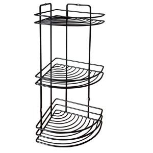 Czarna, trzypoziomowa metalowa półka narożna na akcesoria łazienkowe.