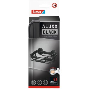 Opakowanie mydelniczki Tesa Aluxx w kolorze czarny mat z rozwiązaniem klejącym.