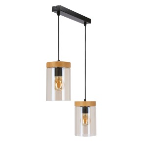Nowoczesna lampa wisząca z dwoma szklanymi cylindrami i elementami drewnianymi.