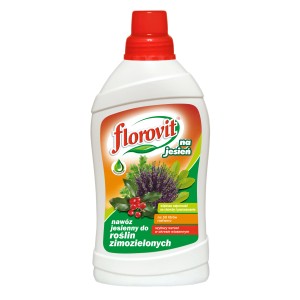 Płynny nawóz jesienny do roślin doniczkowych i balkonowych, butelka z czerwoną nakrętką.