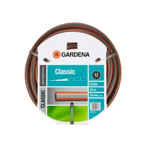Wąż ogrodowy Gardena Classic, 20 m, szary/pomarańczowy, zwinięty.