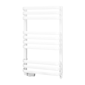 Biały grzejnik t.b.t. do łazienki. Grzejnik na ręczniki z poziomymi rurkami grzewczymi.