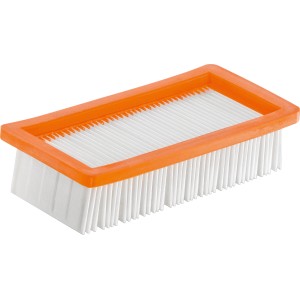 Filtr płaski Kärcher do odkurzacza do popiołu, prostokątny, z pomarańczową ramką i białymi lamelami filtra.