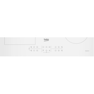 Biała płyta indukcyjna Beko z panelem sterowania i strefami gotowania.