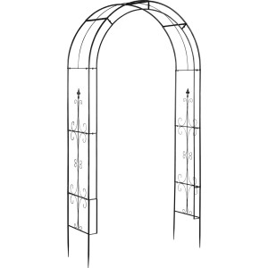 Czarny metalowy łuk różany, wysoki na 240 cm, ze wspornikiem dla roślin ogrodowych.