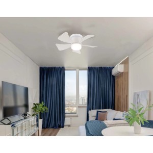 Biały wentylator sufitowy LED Plafony t.b.t. w nowoczesnym salonie.