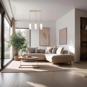 Nowoczesna lampa wisząca t.b.t. z trzema cylindrycznymi kloszami w salonie.