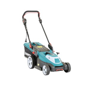 Kosiarka elektryczna t.b.t. w kolorze turkusowym i czarnym z koszem.