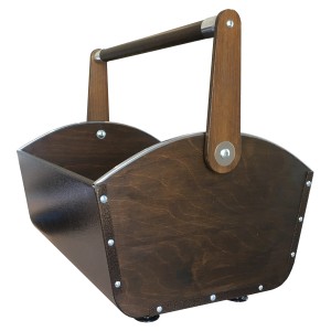 Brązowy drewniany kosz na drewno z uchwytem, akcesoria kominkowe.