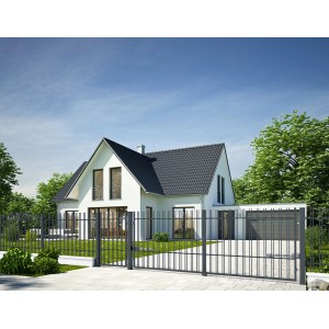 Nowoczesny dom z szarym metalowym ogrodzeniem t.b.t. i bramą przesuwną.