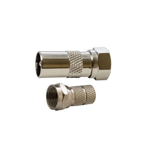 Dwie srebrne końcówki kabla koncentrycznego (t.b.t.) do połączeń kablowych.