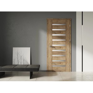 Nowoczesne drzwi wewnętrzne t.b.t. z efektem drewna i wstawkami ze szkła dla jasnego wnętrza.