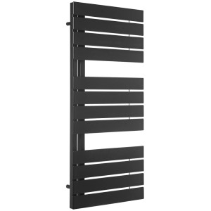 Czarny grzejnik t.b.t. z poziomymi lamelami do łazienki i salonu.