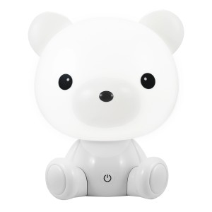 Biała lampka nocna w kształcie misia do pokoju dziecięcego.