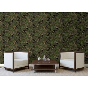 Tapeta dekoracyjna z abstrakcyjnym wzorem w odcieniach zieleni i złota.