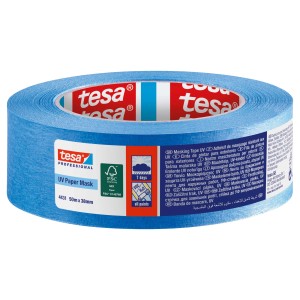 Niebieska taśma maskująca tesa UV Paper Mask, rolka 50 m x 38 mm, do malowania.