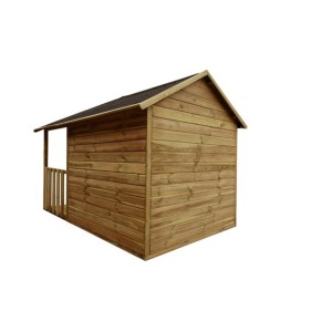 Drewniany domek do zabawy t.b.t. dla dzieci, naturalne wykończenie z małym zadaszeniem.