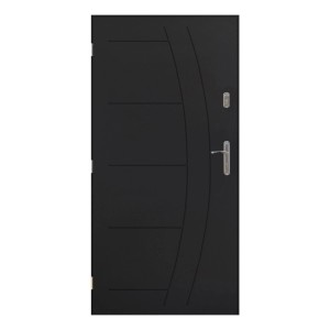 Czarne drzwi zewnętrzne z srebrną klamką i poziomymi listwami ozdobnymi.