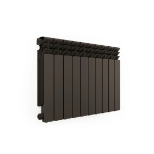 Brązowy grzejnik t.b.t. do montażu na ścianie.