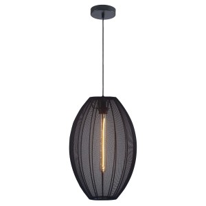 Czarna lampa wisząca t.b.t. z owalnym kloszem z siatki drucianej.