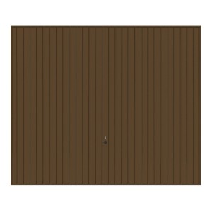 Brązowa brama garażowa z pionowymi panelami.