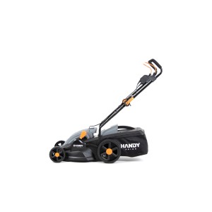 Poręczna, szara kosiarka elektryczna z koszem na trawę.