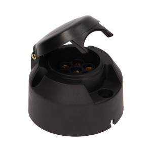 Czarne gniazdo haka holowniczego z otwartą pokrywą, akcesorium do przyczep.