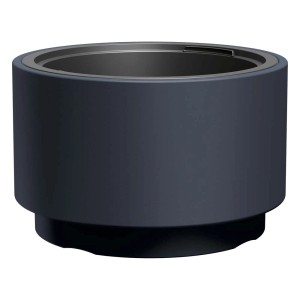 Doniczka t.b.t. w kolorze ciemnoszarym, o cylindrycznym kształcie.