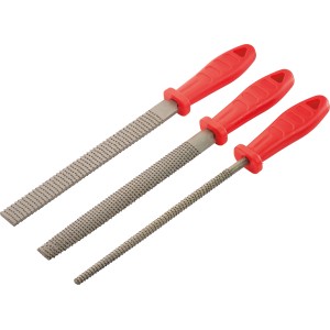 Zestaw pilników Ellix, 3-częściowy: płaski, półokrągły i okrągły pilnik z czerwonym uchwytem.