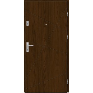 Brązowe drzwi zewnętrzne z geometrycznym wzorem i srebrną klamką.