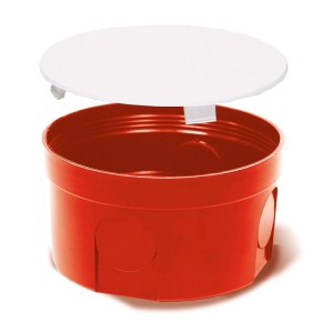 Czerwona puszka podtynkowa z białą pokrywką. Do instalacji elektrycznych.