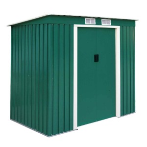 Zielony metalowy domek narzędziowy t.b.t. z podwójnymi drzwiami i kratkami wentylacyjnymi.