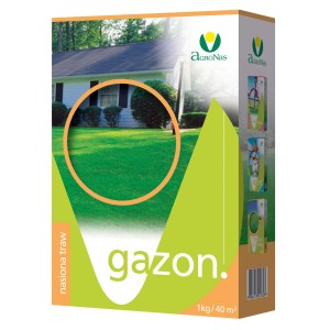 Opakowanie nasion trawy ze zdjęciem zielonego trawnika.