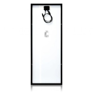 Tył modułu fotowoltaicznego t.b.t. z czarną ramą i złączami.