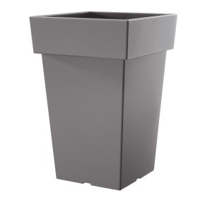 Szara, kwadratowa doniczka do użytku wewnątrz i na zewnątrz.