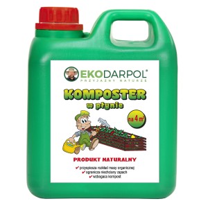 Eko-Darpol płynny przyspieszacz kompostowania, zielona butelka z czerwoną nakrętką.