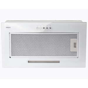 Biały okap płaski t.b.t. z metalowym filtrem i przyciskami sterującymi.