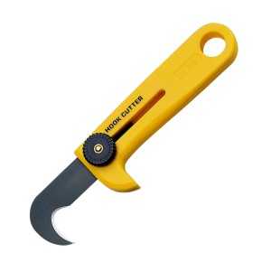 Żółty nóż hakowy/do dywanów OLFA z czarnym ostrzem i pokrętłem regulacyjnym.